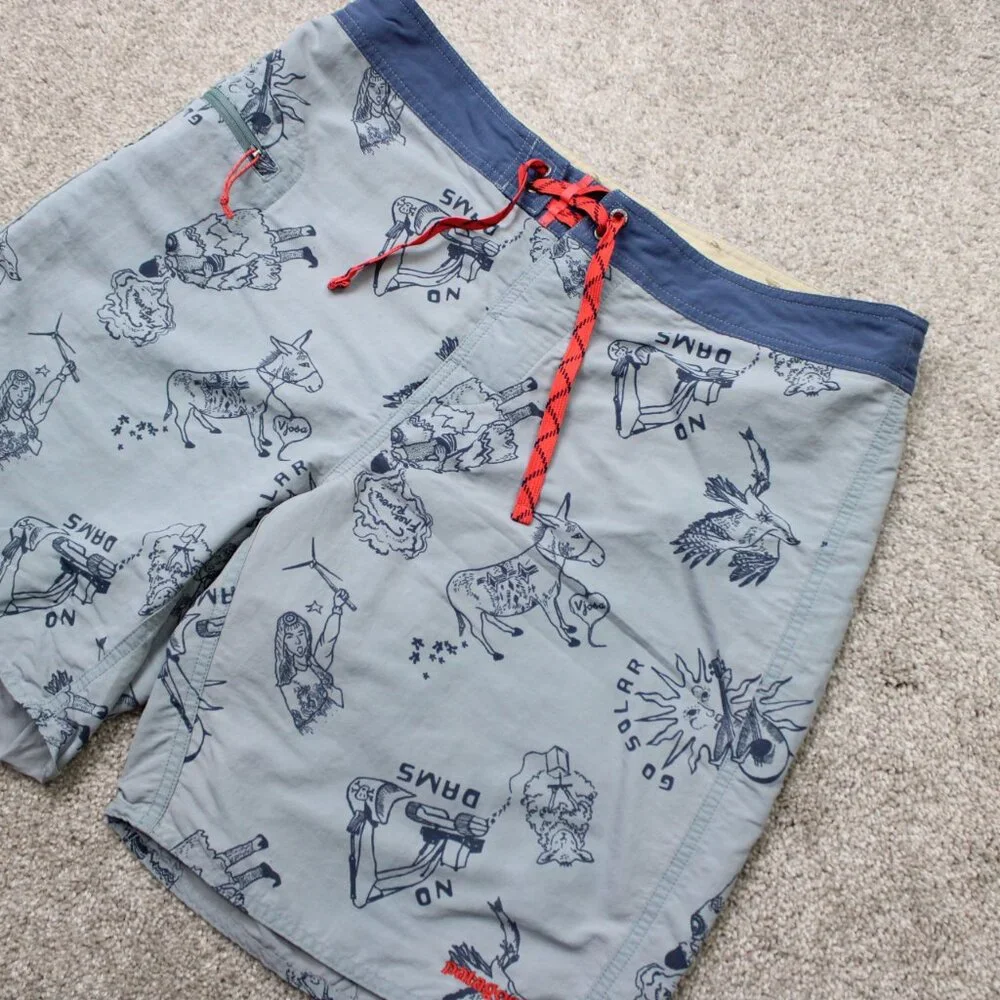 Patagonia‎ M's Wavefarer Boardshorts Mens 34 Blue Unicorn Donkey w/ 8